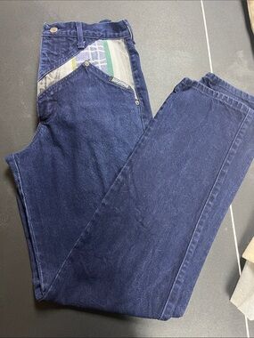 Vintage Dark Blue Denim Jeans with Patterned Pocket Trim